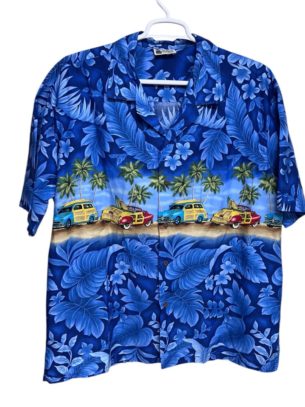 Vintage Aloha Republic Mens Hawaiian Shirt Blue, Woody Cars, 2XL EXCELLENT